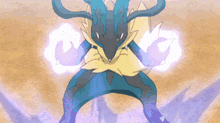 a blue and yellow pokemon is standing on a sandy surface with purple lights coming out of its hands .