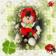 a ladybug doll is sitting in a field of flowers