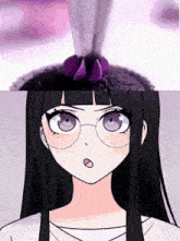 a girl with glasses and purple eyes is looking at a cake