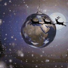 a christmas ornament with santa and reindeer flying around the earth