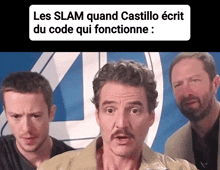 a man with a mustache stands in front of a sign that says les slam quand castillo écrit du code qui functionne