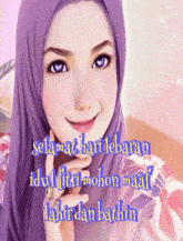 a girl in a purple hijab with the words selamat hari lebaran in blue letters