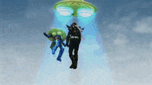 a man and a robot are flying through the air with a ufo behind them