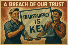 two men hold a sign that says transparency is key