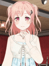 a girl with pink hair is wearing a choker and a white top