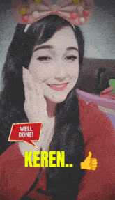 a woman with a speech bubble that says well done and a thumbs up