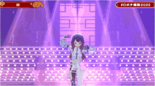 a girl with purple hair is standing on a stage with purple lights