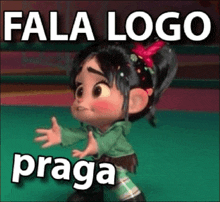a cartoon girl is standing on a green mat with the words `` fala logo praga '' written on the bottom .