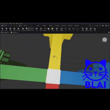 a computer screen with a blue cat and the word blak on the bottom right