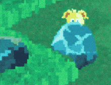 a pixel art of a person sitting on top of a blue rock