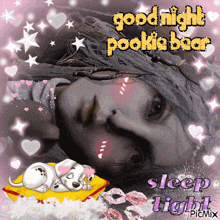 a picture of a woman laying on a pillow with the words good night pookie bear written on it