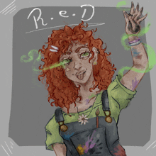 a drawing of a girl with red hair and green eyes with the letters r.e.d. above her head