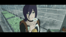 a girl with purple hair and green eyes is holding a flower in her hand