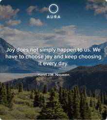 a quote by henri j.m. nouwen is displayed with a picture of mountains and trees