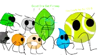 a group of cartoon characters are standing next to each other and one of them says good one get filrreey