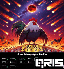 a poster for museum bola shows a rooster surrounded by birds