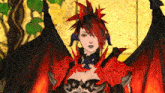 a woman with red hair and black wings is standing in front of a yellow wall