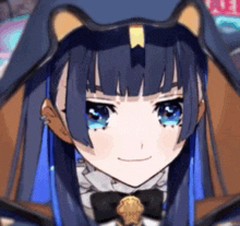 a close up of a anime girl with blue hair and blue eyes wearing a cat hat and bow tie .