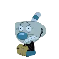 a cartoon character with a big blue nose and a cup head