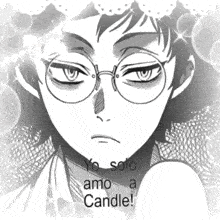 a black and white drawing of a boy with glasses and the words yo solo amo a candle .