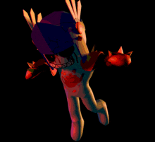 a cartoon character with a purple head and red arms and legs