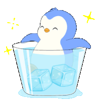 a blue and white penguin is sitting in a glass of water with ice cubes