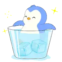 a blue and white penguin is sitting in a glass of water with ice cubes