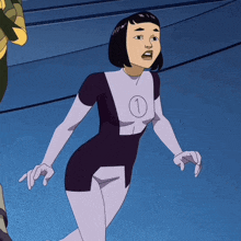 a woman in a purple and white superhero outfit has the number 1 on her chest