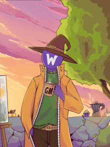 a cartoon drawing of a wizard with a w on his head holding a cup of gm