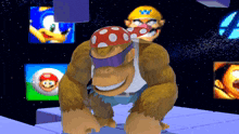 a gorilla wearing a polka dot hat and goggles stands in front of a wall of video game characters