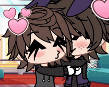 a couple of cartoon characters hugging each other with pink hearts above them