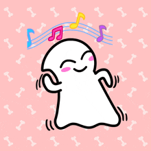 a cartoon drawing of a ghost dancing with music notes above his head