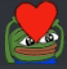 a frog is holding a red heart in front of his face .