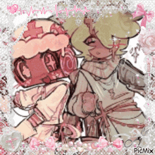 a couple of cartoon characters are standing next to each other in a pink and white frame