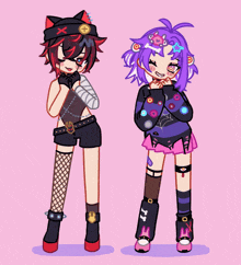 a drawing of two girls standing next to each other with one wearing a purple sweater with the number 77 on it