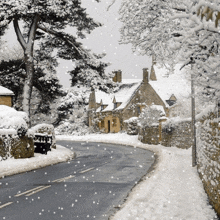 a snowy street with a few houses on the side of it