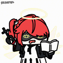 a cartoon angel with red hair is reading a book and holding a cross