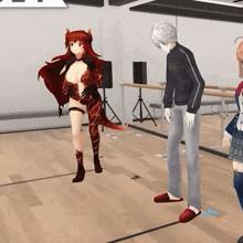 a man and a woman are standing in a room with a dragon girl
