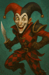 a cartoon drawing of a jester in a red and black checkered outfit