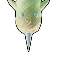 a cartoon drawing of a green and white swirl with two white eyes