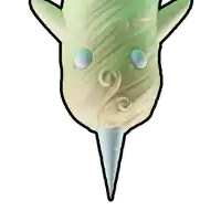 a cartoon drawing of a green and white swirl with two white eyes