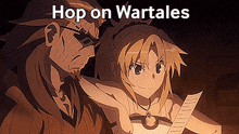 a man and a girl are standing next to each other with the words hop on wartales above them