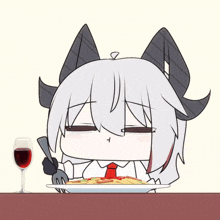 a cartoon of a girl eating spaghetti next to a glass of red wine