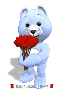 a teddy bear is holding a bouquet of red roses and the words buenos dias are above it