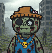 a cartoon drawing of a zombie wearing a skull necklace