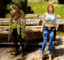 a man and a woman are standing on a wooden deck