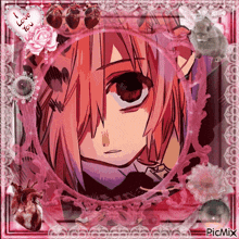 a picture of a girl in a pink frame with a heart that says i love you on it