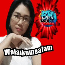 a woman wearing glasses is standing in front of a bm baret media logo