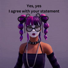 a girl with purple hair and glasses says yes