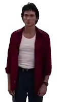 a man in a red shirt and a white tank top